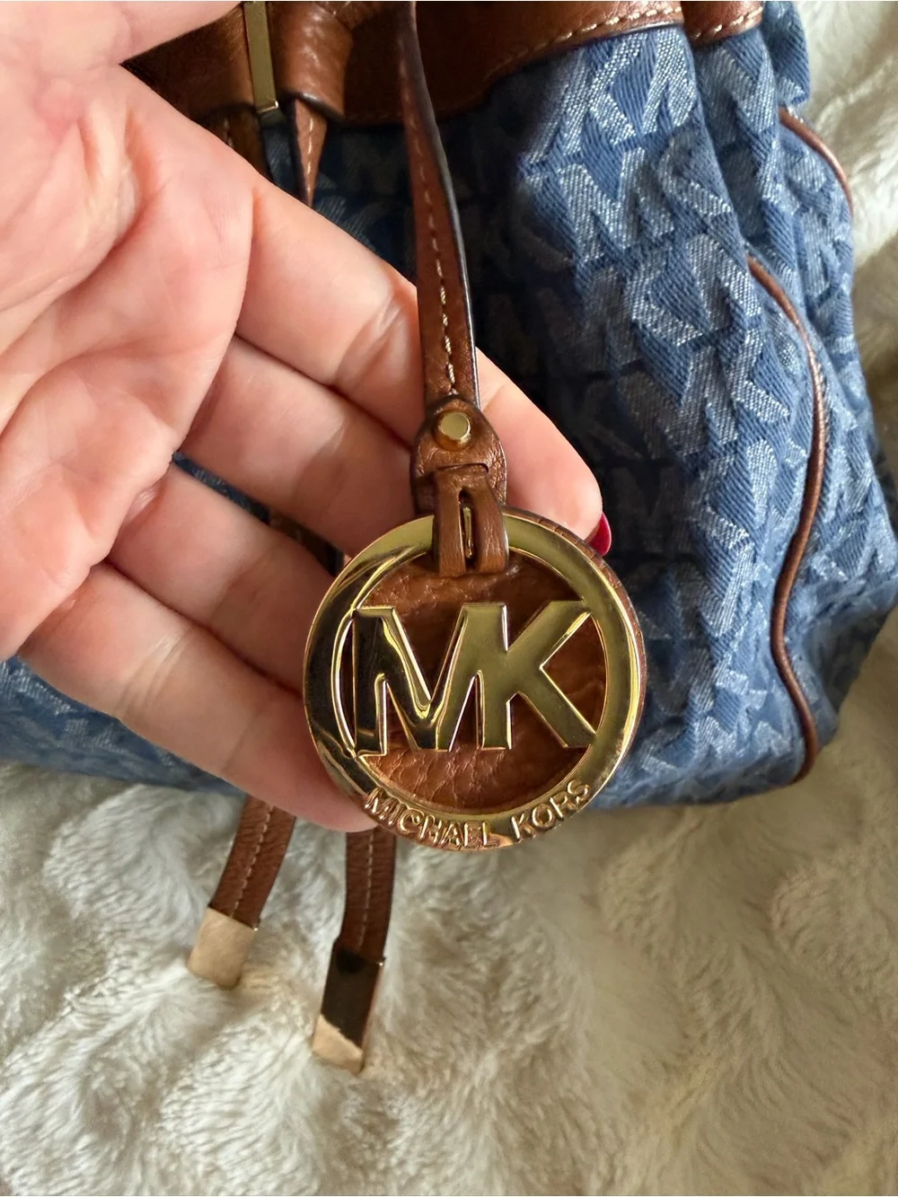 Like New! Michael Kors Denim MK Logo Shoulder Bag with Brown Leather Trim